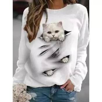 Весна и осень, повседневная толстовка с круглым вырезом и 3D принтом кота, милый маленький свежий свитшот, женская повседневная домашняя одежда, универсальная женская толстовка S