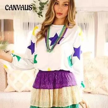 Весна и осень Повседневные топы с длинным рукавом Женские блузки Большие размеры Пуловеры со звездным принтом S белый