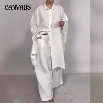 Весна и осень Повседневный свободный однотонный костюм с длинным рукавом и широкими брюками S белый