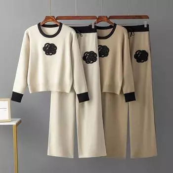 Весна и осень Повседневный трикотажный женский комплект из двух частей Цветочный свитер Соответствующие комплекты Трикотажный спортивный костюм для женщин Комплект из двух частей Комплект из 2 предметов для женщин one size белый