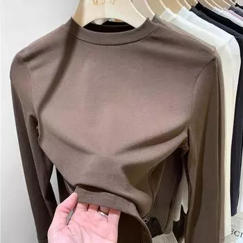 Весна и осень Простой однотонный круглый вырез тонкий длинный рукав рубашка женская новый стиль Mordai маленький воротник-стойка модный топ S