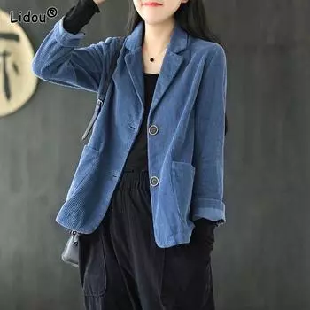 Весна и осень Простой универсальный костюм с воротником в полоску Свободный повседневный однотонный пиджак с длинными рукавами XS чёрный