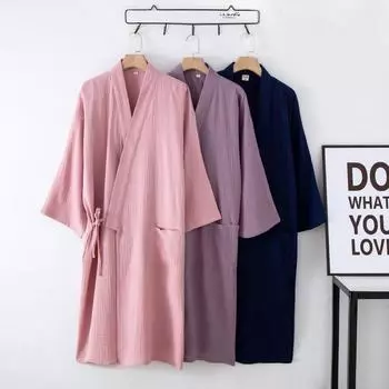 Весна и осень японский халат-кимоно для двоих из хлопкового крепа халат пижамы XL чёрный