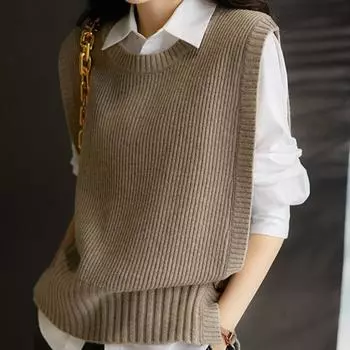 Весна и осень японский круглый вырез однотонный край пряжка свитер анти-скатывающийся жилет женский модный вязаный жилет S