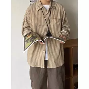 Весна и осень японский журнальный стиль ретро повседневная полосатая рубашка мужская и женская японская вельветовая рубашка Lovers Wild Loose с длинным рукавом M хаки
