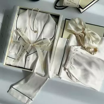 Весна и осень Расширенный Sense of Ice Шелковые пижамы Комплекты домашней одежды для девочек Длинные рукава Простые ветровые пижамы Комплект домашней одежды M