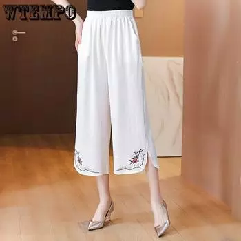 Весна и осень ретро этнический стиль широкие брюки с вышивкой эластичный пояс повседневные брюки свободные вышитые новые китайские укороченные брюки для женщин M