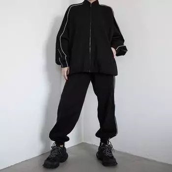 Весна и осень ретро BF кардиган куртка с воротником-стойкой корейский выпуск модная куртка свободный и универсальный спортивный и досуговый комплект S чёрный