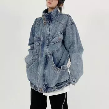 Весна и осень ретро-дизайн ковбойская куртка с длинным рукавом персонализированное устаревшее свободное пальто 3XL синий