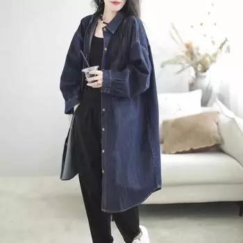 Весна и осень ретро джинсовая рубашка платье блузка с длинными рукавами женская однобортная рубашка с лацканами женская куртка XL темно-синий