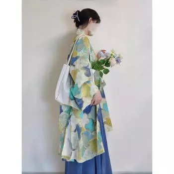 Весна и осень ретро китайский стиль ханьфу модифицированная рубашка свободная больших размеров женская принтованная двубортная с широкими рукавами шаль длинная рубашка топ M