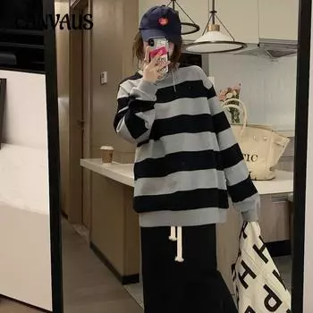 Весна и осень ретро полосатый свитер больших размеров женский свободный топ с длинным рукавом M чёрный