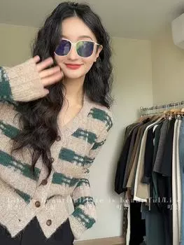 Весна и осень ретро V-образный вырез полосатый соответствующий цвет кардиган свитер куртка женский короткий дизайн вязаный свитер топ XS