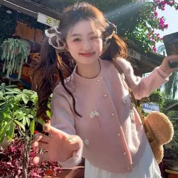 Весна и осень Розовый сладкий и милый круглый вырез свитер кардиган женский дизайн Sense маленький и уникальный вязаный топ новый стиль one size красный