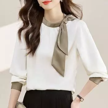 Весна и осень рубашка с круглым вырезом и галстуком-бабочкой женская мода новые повседневные белые блузки с длинным рукавом женские топы элегантные однотонные простые офисные женские рубашки 25855 S
