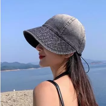 Весна и осень солнцезащитный козырек с широкими полями, новая кепка, шляпа от солнца, металлическая этикетка, постепенное изменение цвета, джинсовая шляпа-ведро для женщин M56-58cm чёрный