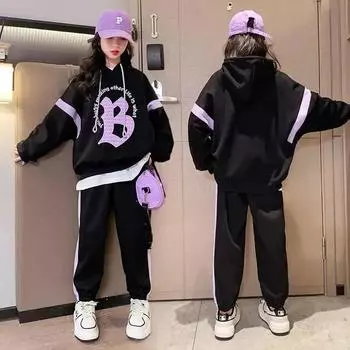 Весна и осень свитер с капюшоном для девочек шаровары спортивный костюм из двух частей костюм 170 чёрный