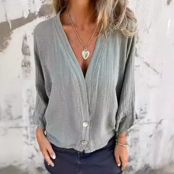 Весна и осень свободная футболка женская повседневная с V-образным вырезом S