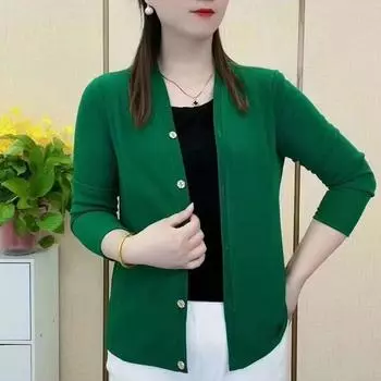 Весна и осень Тонкая нижняя рубашка Универсальный вязаный кардиган в иностранном стиле Шаль Топ женский новый свитер Свободная куртка Осень XL чёрный