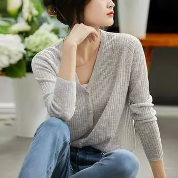 Весна и осень, универсальная прохладная бамбуковая пряжа с V-образным вырезом, шелковая рубашка с кондиционером, легкая рубашка с длинным рукавом, солнцезащитный козырек, тонкий вязаный кардиган one size fits all белый