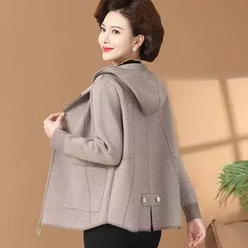 Весна и осень утолщенный карманный кардиган модный женский средний возраст короткий вязаный шерстяной пальто с капюшоном XXXXXL чёрный