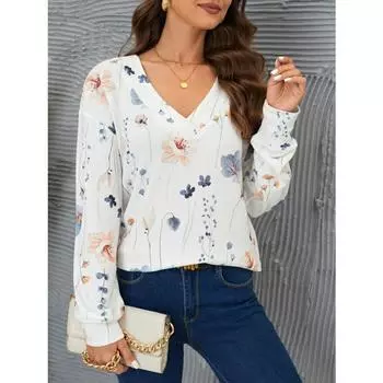 Весна и осень V-образный вырез длинный рукав свободный принт топ S разноцветный
