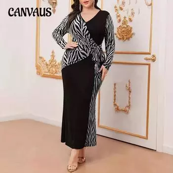 Весна и осень V-образный вырез полосатый цвет блокировка женские темпераментные платья больших размеров с длинными рукавами модное длинное платье 0XL чёрный