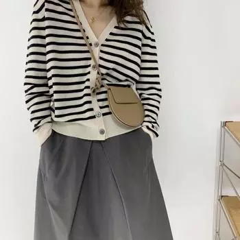 Весна и осень V-образный вырез состаренные полосы свободный тонкий вязаный кардиган верхняя одежда топы удобный универсальный и модный One Size