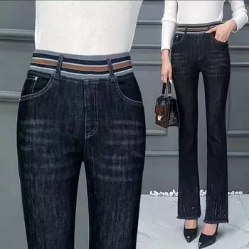 Весна и осень Высокая талия эластичные расклешенные джинсы для женщин Drilling Burr Высокая талия Рыбий хвост расклешенные джинсы для женщин XXXXXL чёрный
