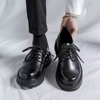 Весна и осень в британском стиле, кожаные туфли на толстом каблуке, черные, толстые, с высокой подошвой, простые, маленькие, мужские кожаные туфли 65221-R 38 чёрный