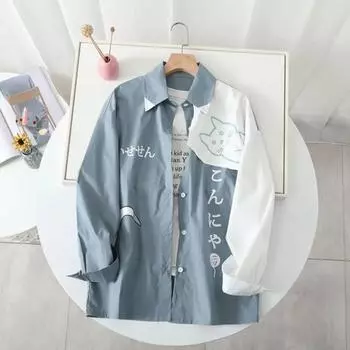 Весна и осень в студенческом стиле, молодежная свободная повседневная рубашка с воротником-поло и длинным рукавом с принтом мультяшного кота XXL белый