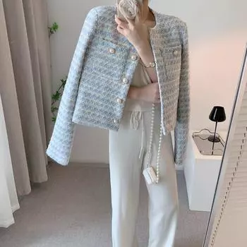 Весна и осень винтажные свободные короткие куртки женские модные повседневные женские куртки с длинным рукавом элегантные женские пальто с круглым вырезом на пуговицах 25687 S светло-синий