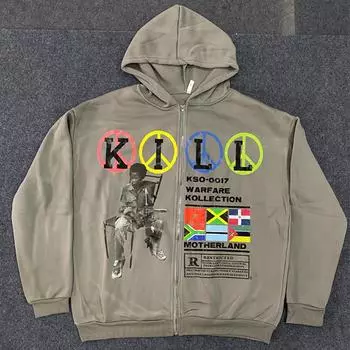 Весна и осень Y2K мода свободная молния толстовка с капюшоном уличная Харадзюку дикий мультяшный печатный буквенный пиджак M чёрный