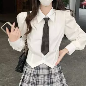 Весна и осень женская белая блузка нестандартного дизайна топы узкая талия рубашка XS белый