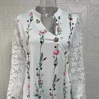Весна и осень женская блузка модный темпераментный топ с длинными рукавами и кружевными рукавами с лепестками и воротником на пуговицах с цветочным принтом S белый