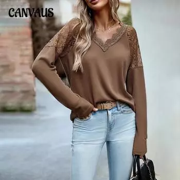Весна и осень женская блузка темпераментный повседневный вязаный топ с длинным рукавом и v-образным вырезом S коричневый