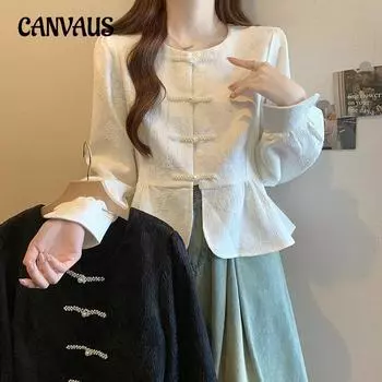 Весна и осень женская блузка в стиле ретро плюс размер топ с длинными рукавами в стиле кантри с дисковой пряжкой трехмерная жаккардовая темпераментная рубашка M белый