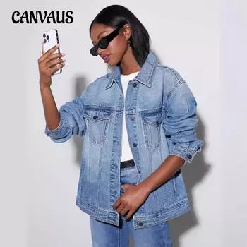Весна и осень Женская джинсовая куртка больших размеров Повседневная свободная куртка S синий
