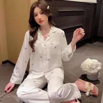 Весна и осень Женская французская романтика Ленивое чувство имитации Шелковая пижама Домашняя одежда Костюм Женский темперамент Домашняя одежда M