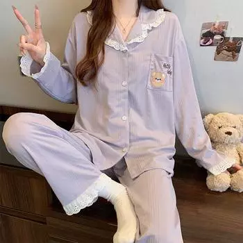 Весна и осень Женская милая кружевная пижама с длинными рукавами Комплект домашней одежды для девочек Милая студенческая свободная пижама Комплект домашней одежды M