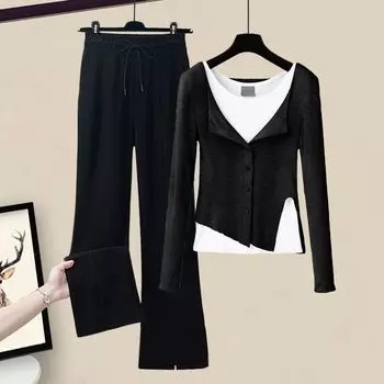 Весна и осень женская мода нижняя рубашка повседневный брюки костюм XXXXL чёрный