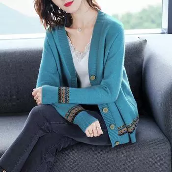 Весна и осень Женская мода повседневный тонкий вязаный кардиган XXL синий