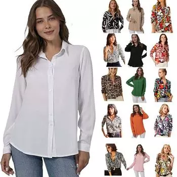 Весна и осень женская мода свободные блузки повседневные с длинным рукавом на пуговицах белые рубашки для женщин элегантные однотонные простые лацканы офисные женские рубашки 26018 S чёрный