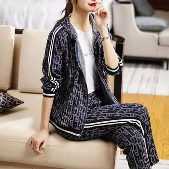 Весна и осень Женская мода свободный повседневный спортивный костюм из двух частей XXXXL синий