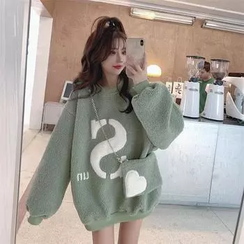 Весна и осень женская модная толстовка с круглым вырезом из бархата с вышивкой XXXL зелёный