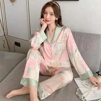 Весна и осень женская новая домашняя пижама из двух частей женская летняя тонкая шелковая милая поп повседневная домашняя пижама комплект M розовый