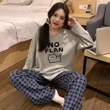 Весна и осень Женская пижама Домашняя одежда Девочки Хлопок Длинные рукава Брюки Мультфильм Милая Студенческая пижама M