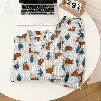 Весна и осень Женская пижама Ins Bear, комплект домашней одежды для девочек, хлопковая пижама Cloud с милым рисунком, свободная, для отдыха, комплект домашней одежды M коричневый