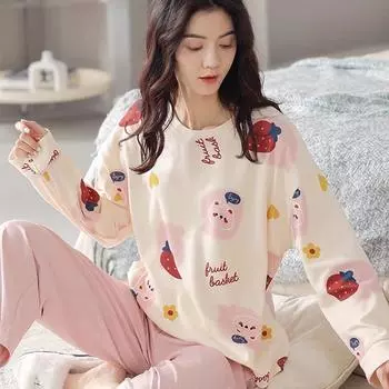 Весна и осень Женская повседневная пижама для девочек Домашняя одежда Студенческая пижама с длинным рукавом для девочек Милая домашняя одежда M