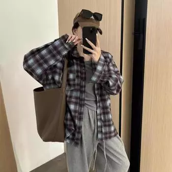 Весна и осень Женская ретро свободная клетчатая рубашка из чесаного хлопка большого размера One size